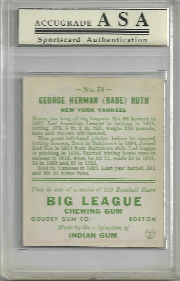 1933 Goudy Babe Ruth Baseball Card Back